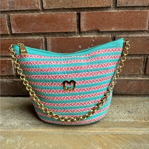 Eric Javits Pink and Turquoise Shoulder Bag with Gold Chain Strap